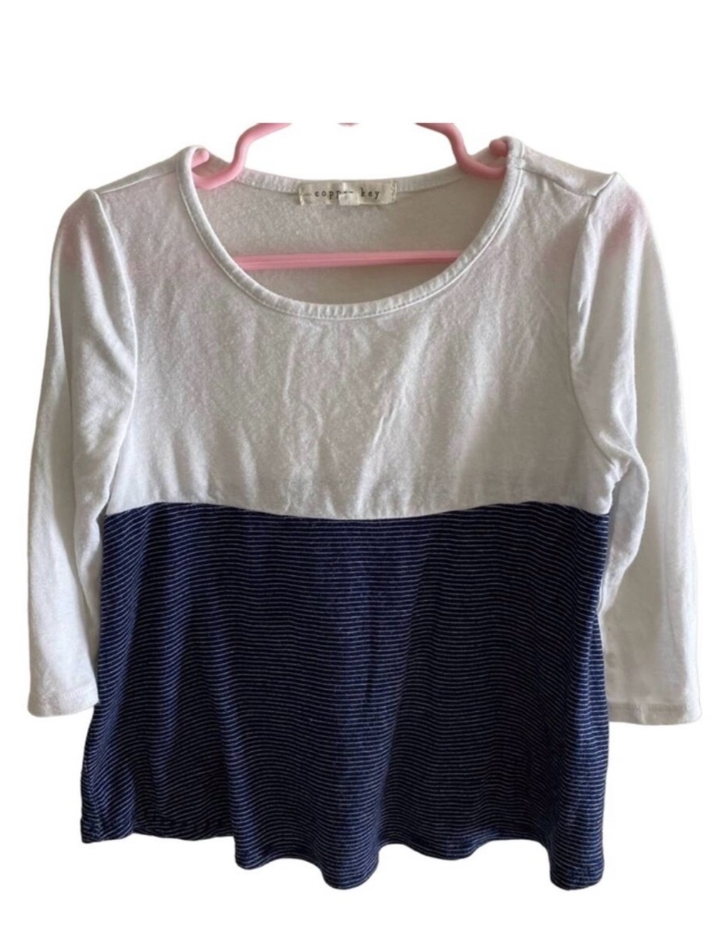 Copper Key White Blue Striped 3/4 Sleeve Soft Jersey Knit Rayon Shirt Size 6